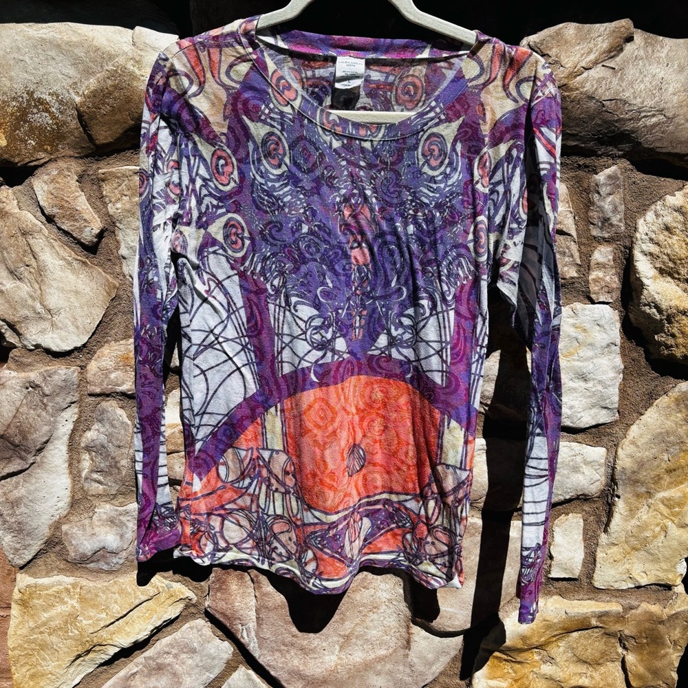 Laura Ashley Long Sleeve Top Size Large Sheer Y2K Multi Color Abstract Print